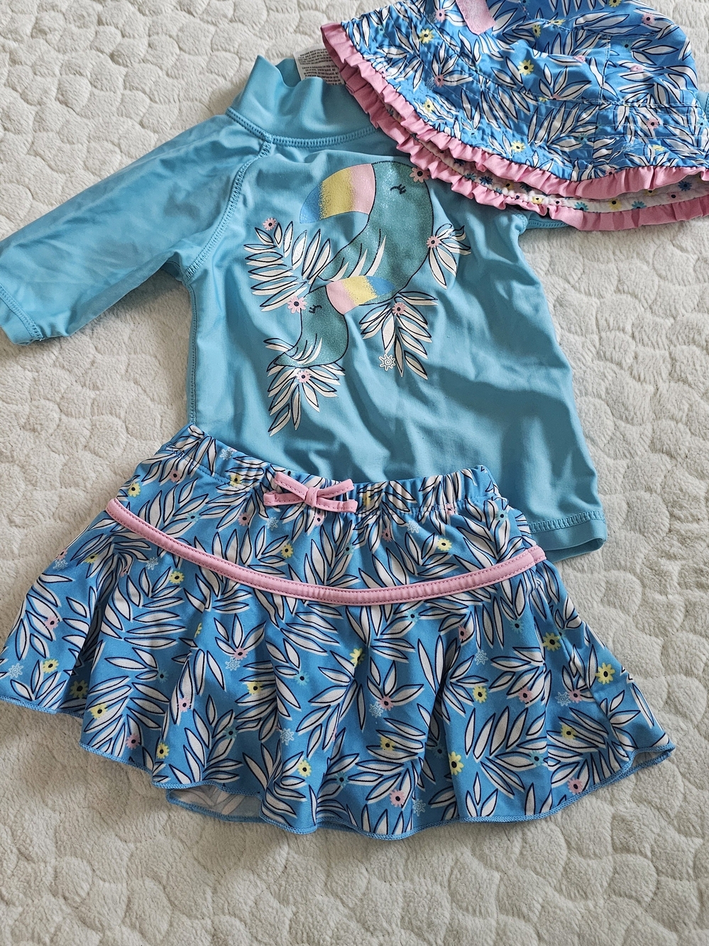 Toddler 3T Girls Blue Tropical Swim Set with Pink Accents Hat Rashguard Skirt